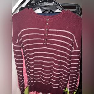 Women’s Maroon and White Striped Crewneck Fall/Winter Sweater